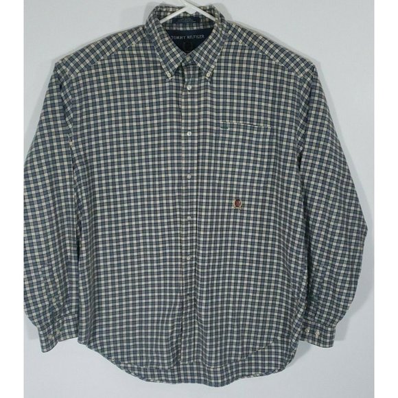 Tommy Hilfiger Men's Long Sleeve Plaid Checkered Button Up. Blue/Tan. Size Large - Picture 1 of 11